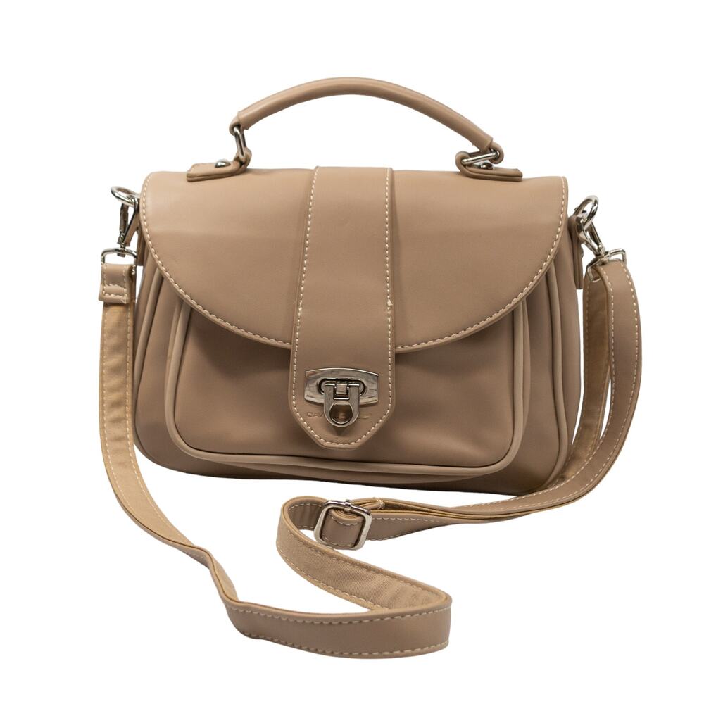 David Jones Paris Women's Crossbody Handbag Tan PU Top Handle Shoulder Bag